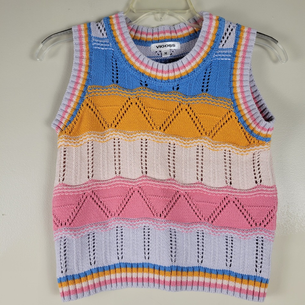 Vigoss Womens Medium Multi Color Chevron‎ Striped Pointelle Knit Sweater Vest